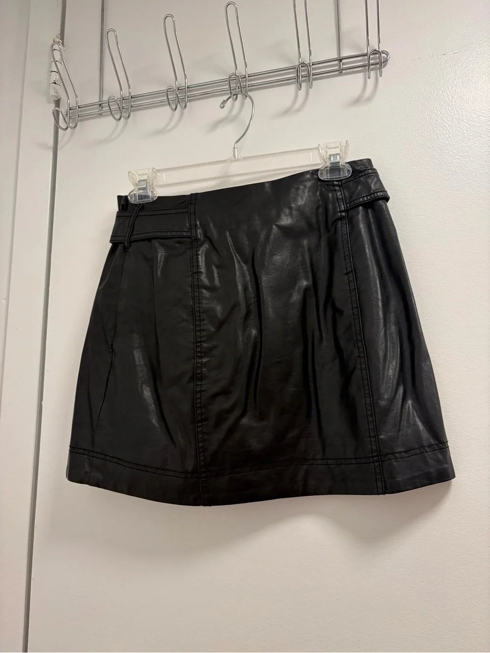 Free People Black Faux Leather Mini Skirt with Belted Waist